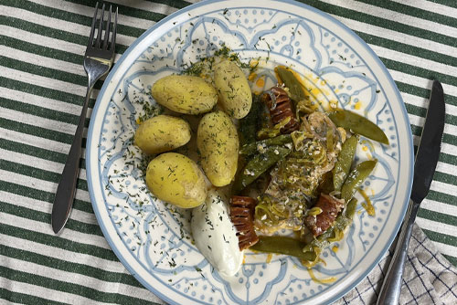 Kapten Royals somriga fiskpaket med torskrygg, chistorra och färskpotatis